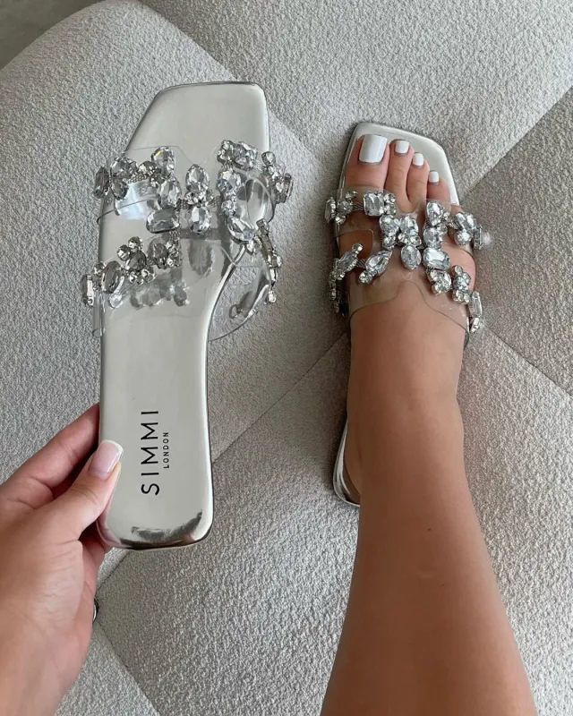 Calista Silver Mirror Diamante Slip On Flat Sandals sold by Simmi London