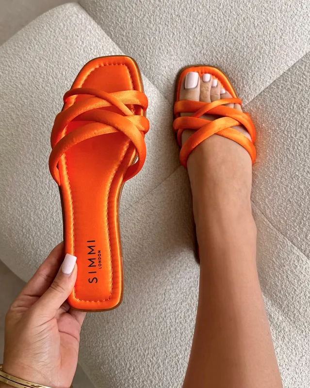 Kina Orange Satin Padded Slip On Flat Sandals sold by Simmi London