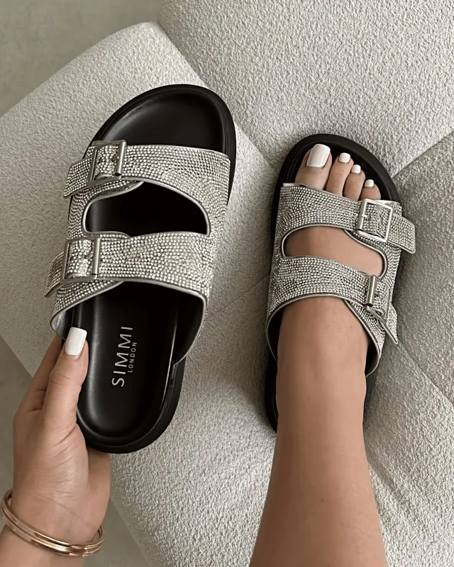 Lynn Silver Diamante Double Strap Slider Sandals sold by Simmi London