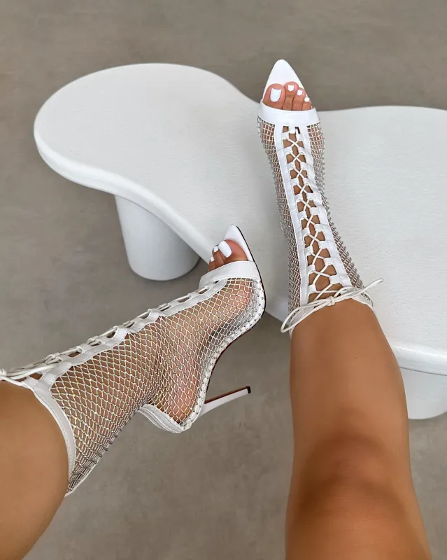 Prima White Diamante Mesh Lace Up Heeled Sandals sold by Simmi London