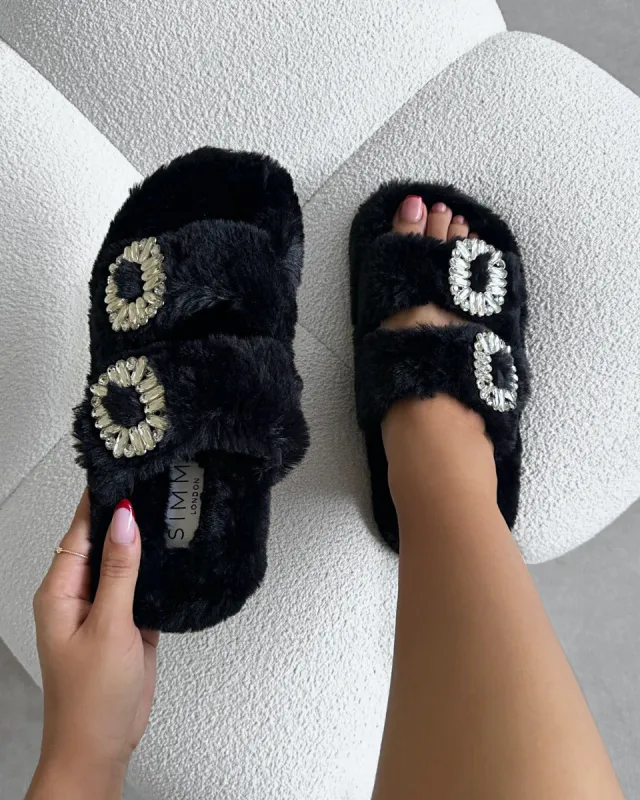 Evelyn Black Faux Fur Diamante Slippers sold by Simmi London