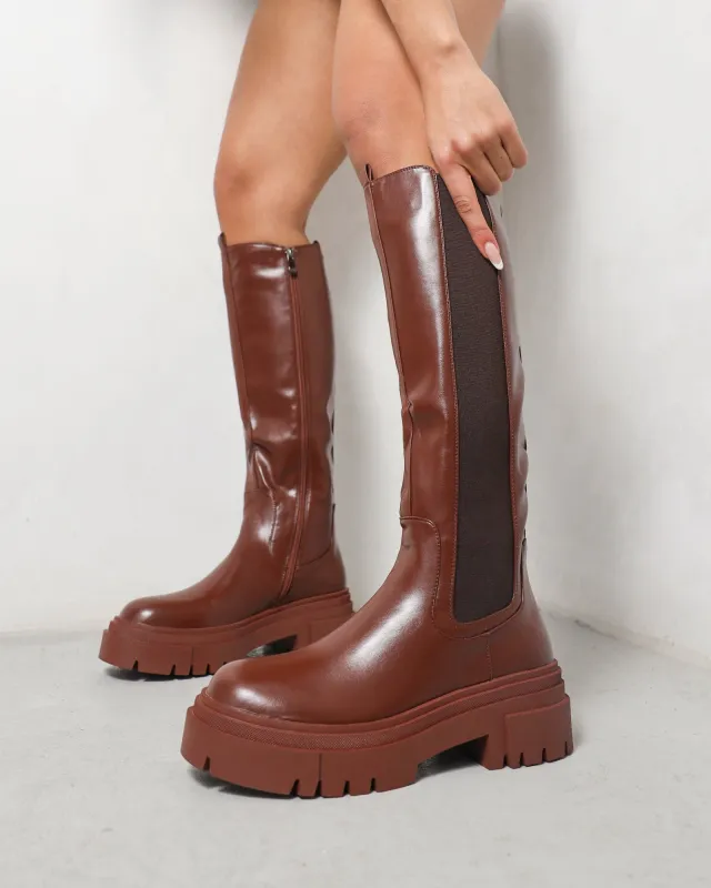 Tommo Tan Flat Chunky Knee High Boots sold by Simmi London