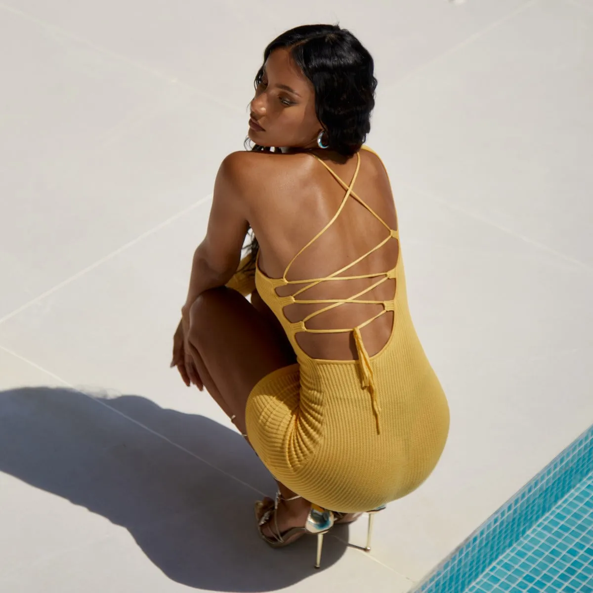 Sorbet Mango Rib Knit Lace Up Back Mini Dress sold by Simmi London