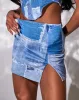 Azure Denim Patchwork Print Split Mini Skirt sold by Simmi London