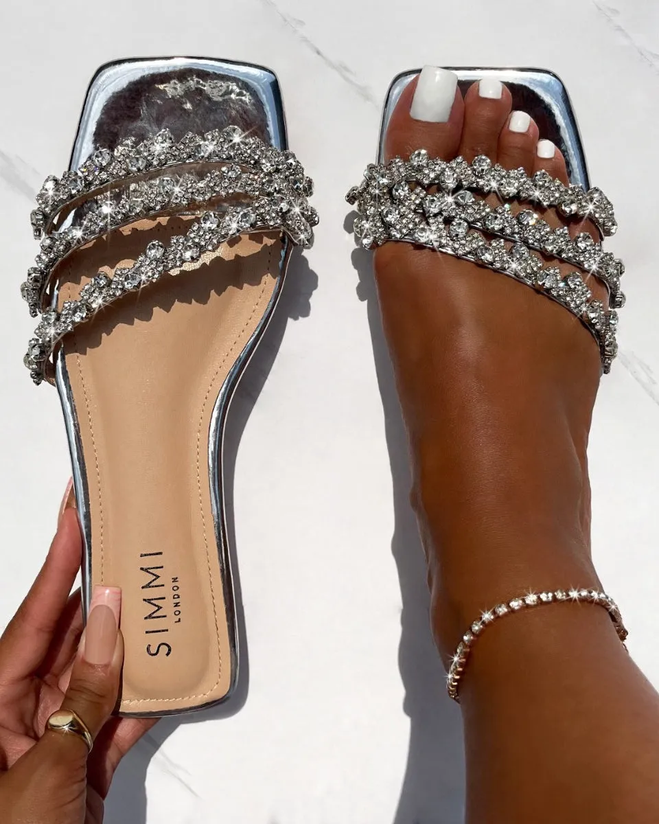 Capri Silver Mirror Diamante Flat Sandals sold by Simmi London