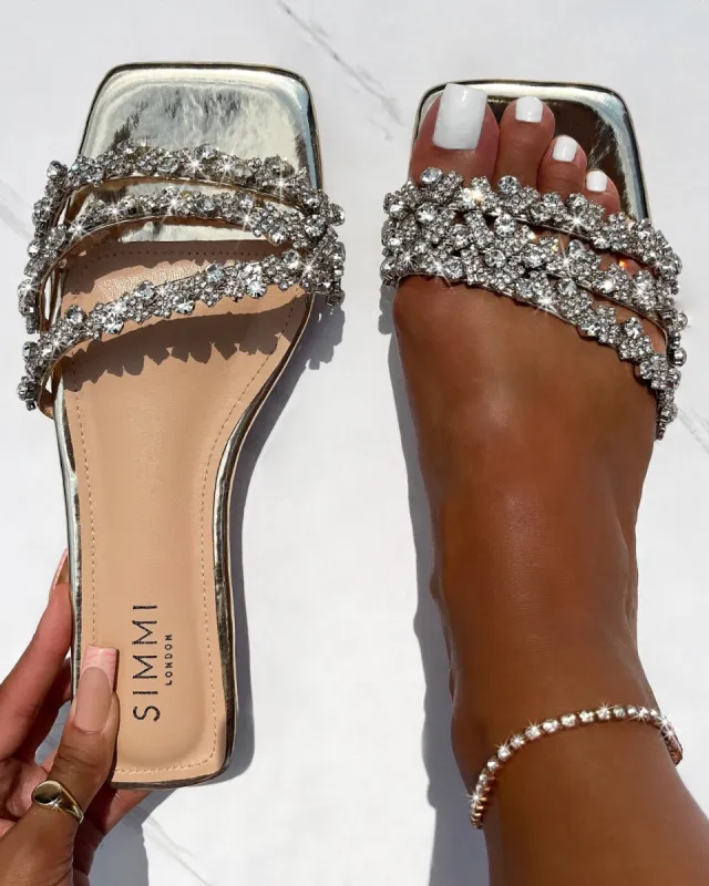 Capri Gold Mirror Diamante Flat Sandals sold by Simmi London