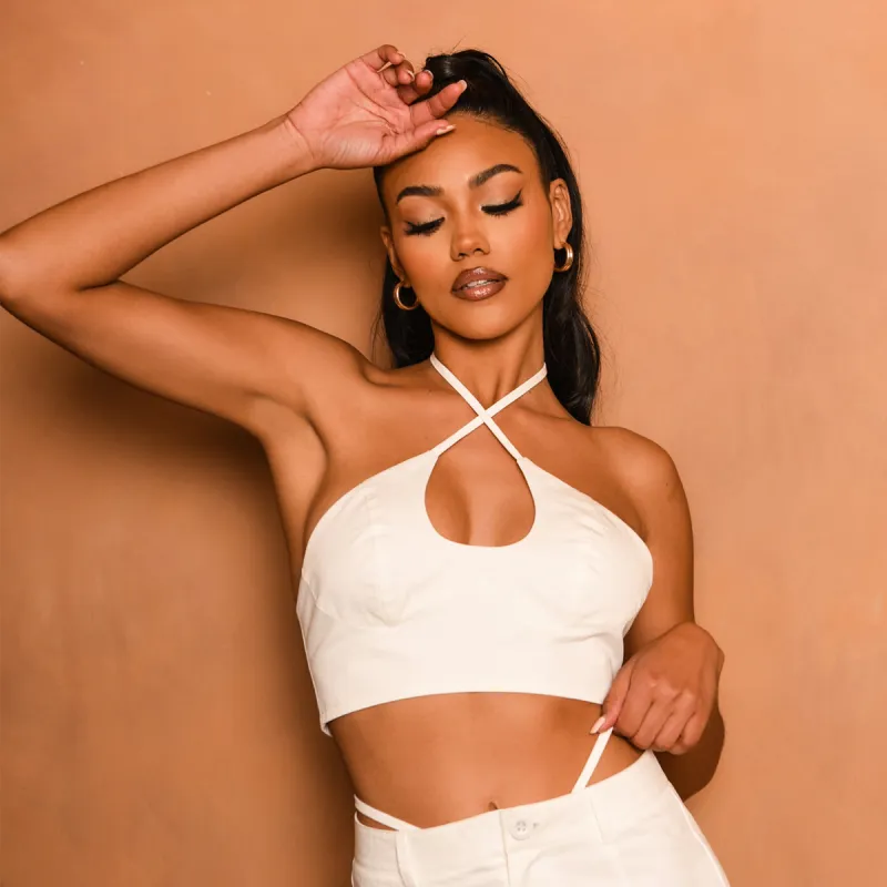 Luna White Halterneck Crop Top sold by Simmi London