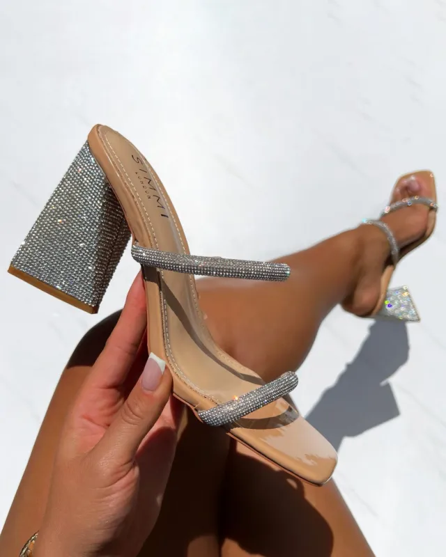 Peruvian Nude Diamante Strappy Block Mules sold by Simmi London