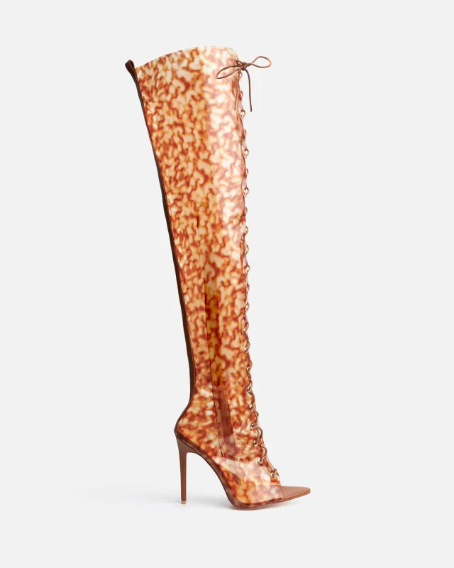 Sylvian Brown Clear Lace Up Thigh High Heeled Boots sold by Simmi London