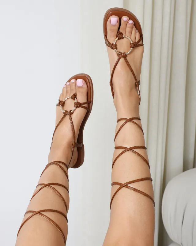 Bari Tan Tie Up Gold Detail Sandals sold by Simmi London