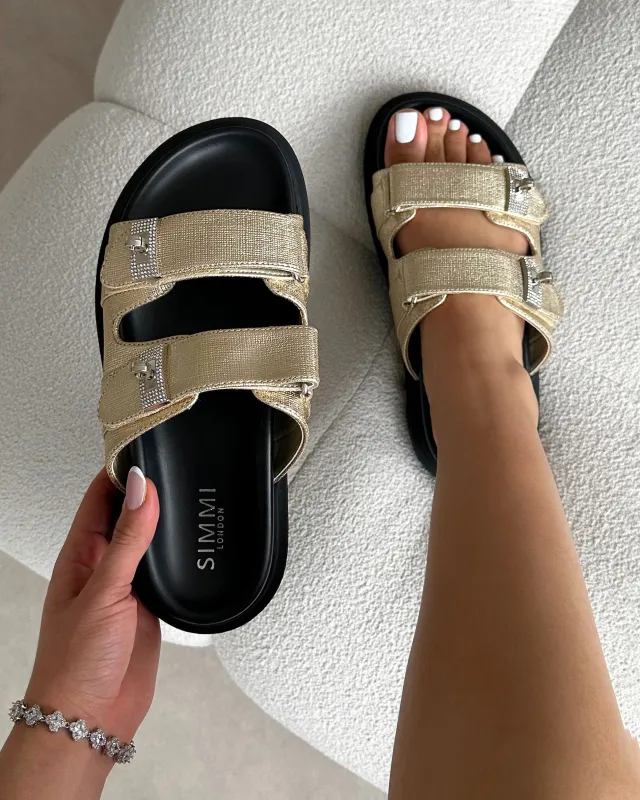 Liaa Gold Diamante Buckle Textured Slider Sandals sold by Simmi London