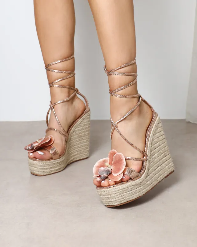 Cancun Rose Gold Snake Flower Detail Wedge Heels sold by Simmi London