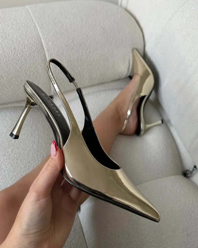 Liorra Gold Mirror Sling Back Mid Heeled Shoes sold by Simmi London