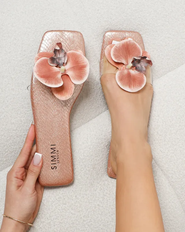 Pina Rose Gold Snake Flower Slip on Flats sold by Simmi London