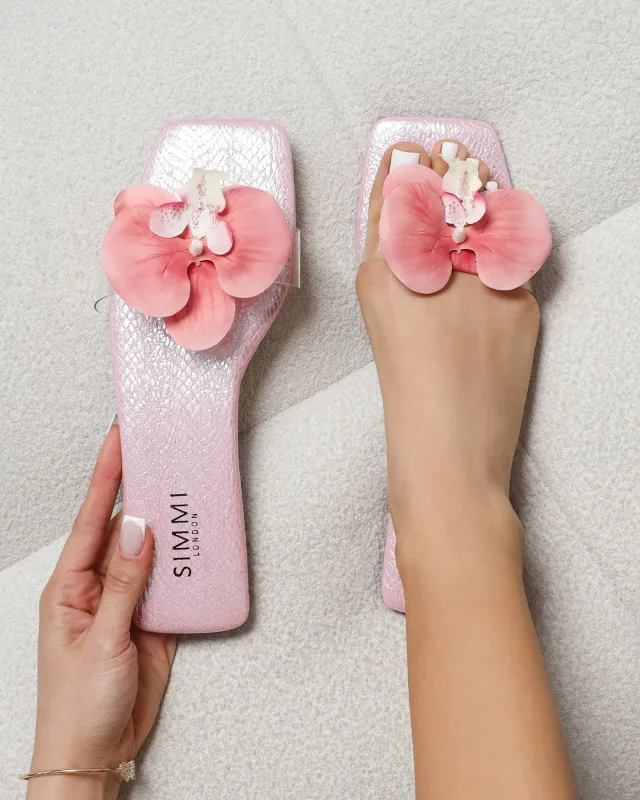 Pina Pink Snake Flower Slip on Flats sold by Simmi London