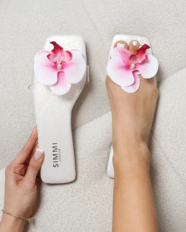 Pina White Snake Flower Slip on Flats sold by Simmi London