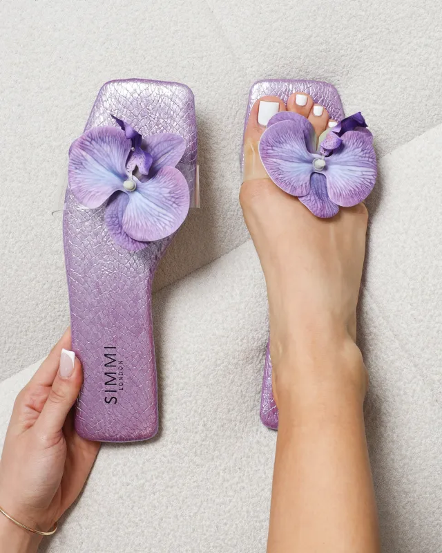 Pina Lilac Snake Flower Slip on Flats sold by Simmi London