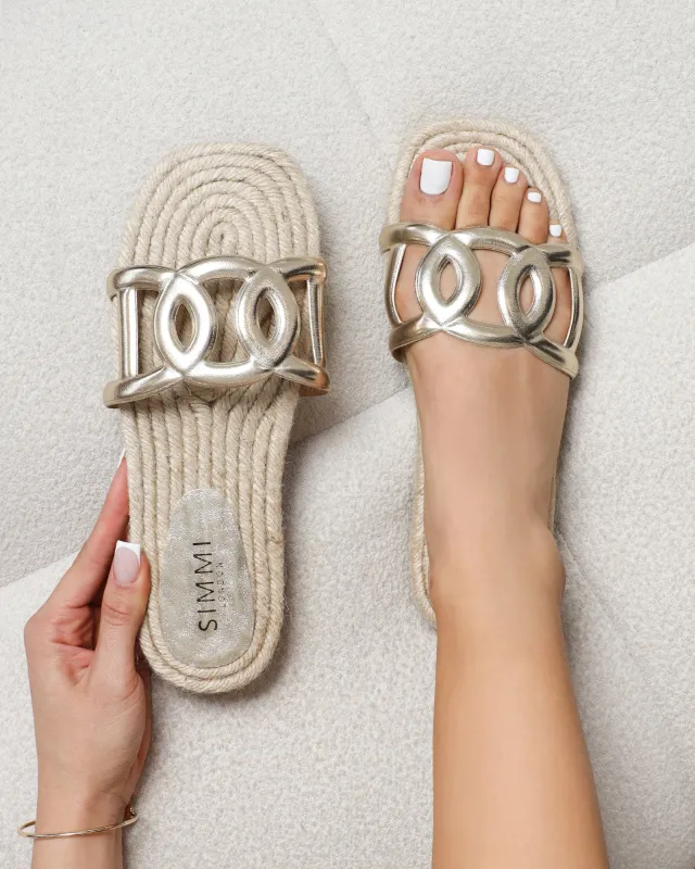 Carlos Gold Mirror Woven Flat Sandals sold by Simmi London