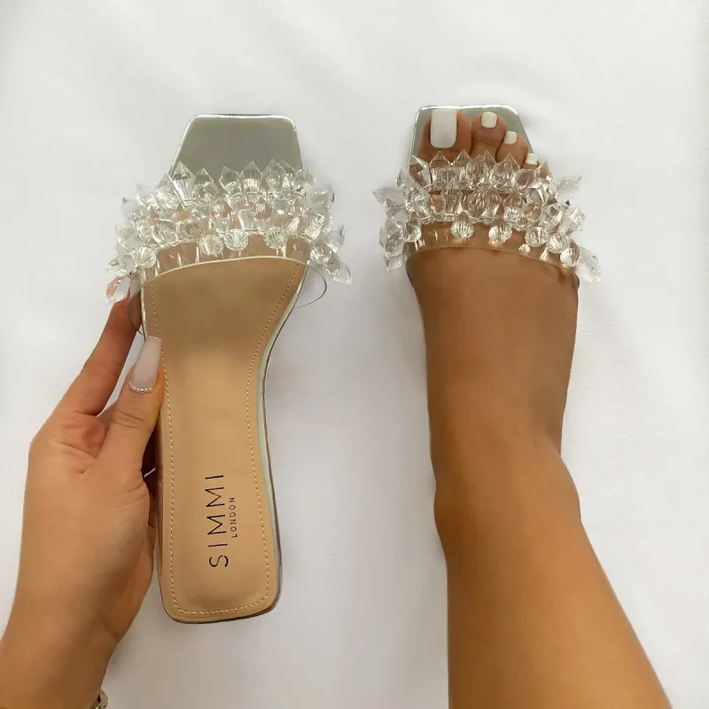Venice Silver Mirror Clear Gem Detail Sandals sold by Simmi London