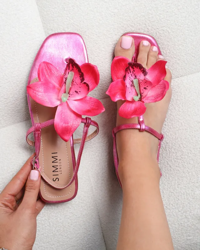 Aoife Pink Metallic Flower Detail Flat Sandals sold by Simmi London