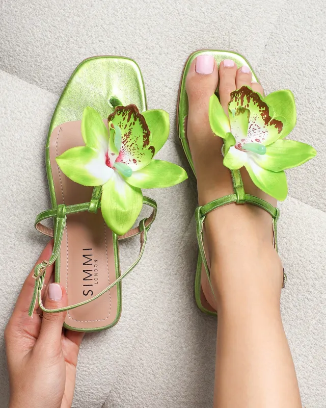 Aoife Green Metallic Flower Detail Sandals sold by Simmi London