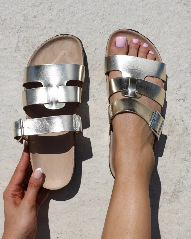 Amia Gold Metallic Slip on Footbed Slides sold by Simmi London