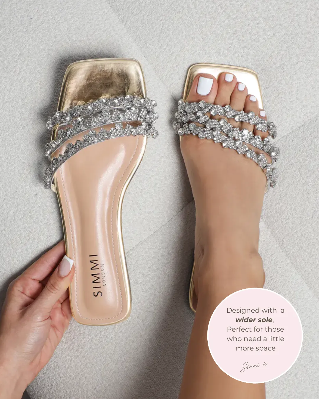 Capri Wide Fit Gold Mirror Diamante Flat Sandals sold by Simmi London