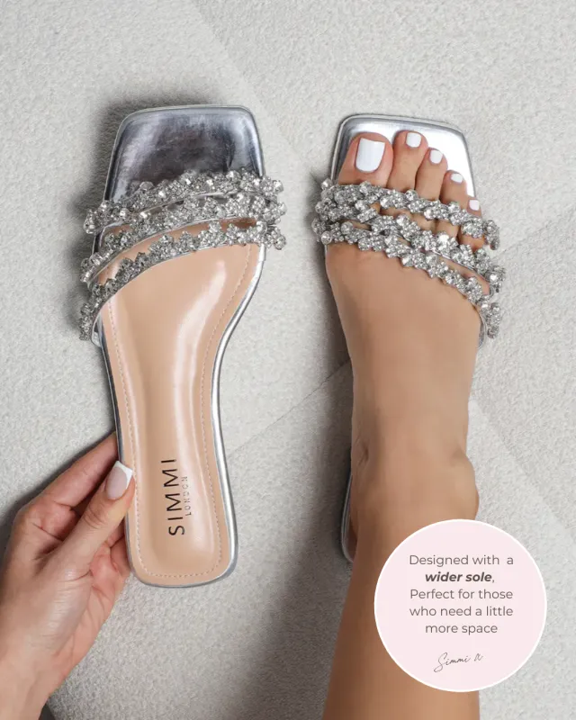 Capri Wide Fit Silver Mirror Diamante Flat Sandals sold by Simmi London