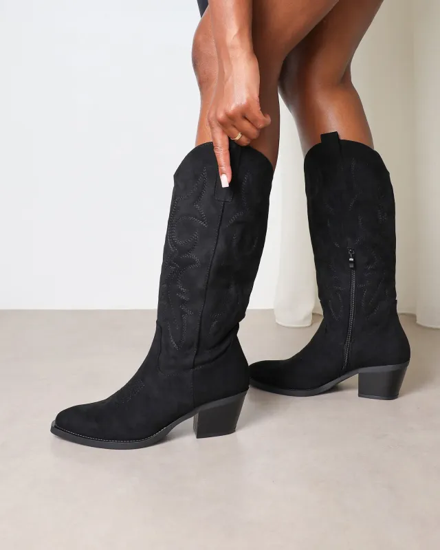 Marsha Black Suede Embroidered Western Calf Boot sold by Simmi London