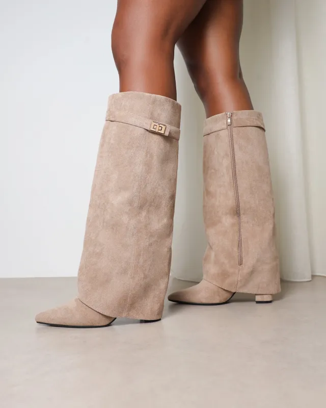 Anais Taupe Microfibre Foldover Buckle Detail Heeled Boots sold by Simmi London