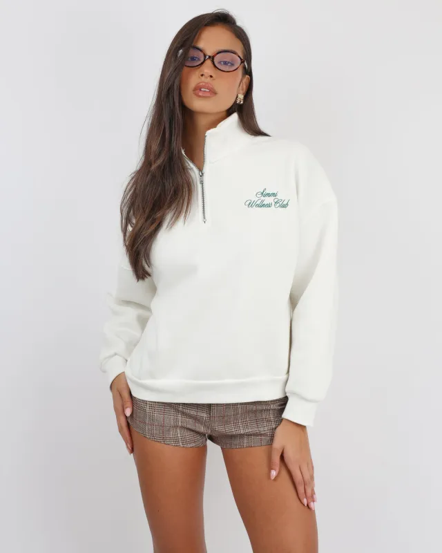 Ames Simmi Studios Half Zip Slogan Sweatshirt in White sold by Simmi London