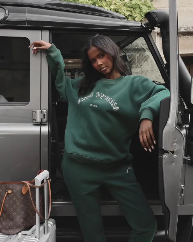 Ashby Simmi Studios Varsity Slogan Sweatshirt in Pine Green sold by Simmi London