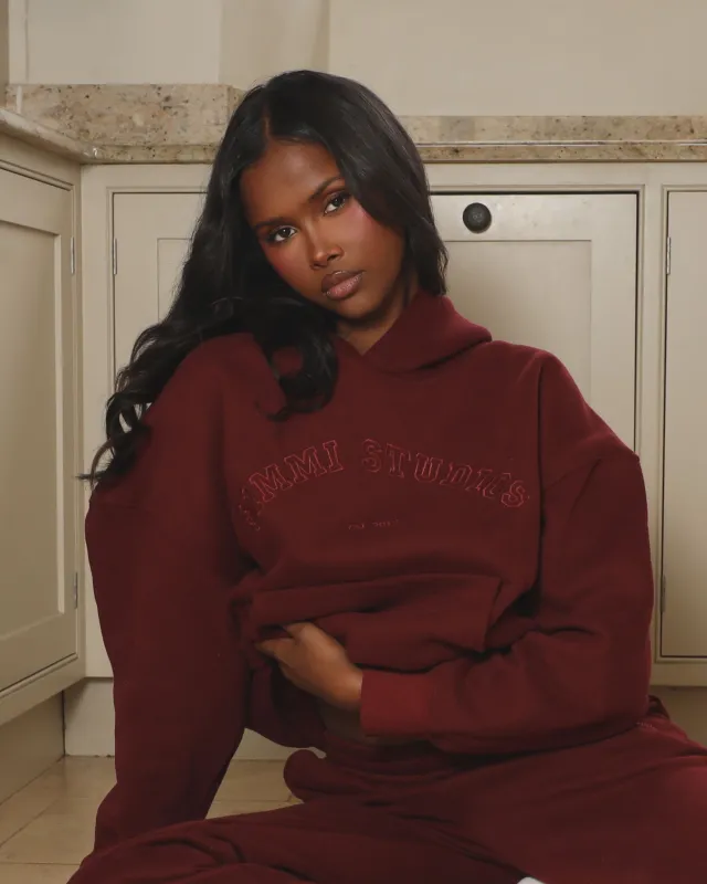 Maeve Simmi Studios Varsity Slogan Hoodie in Cranberry sold by Simmi London