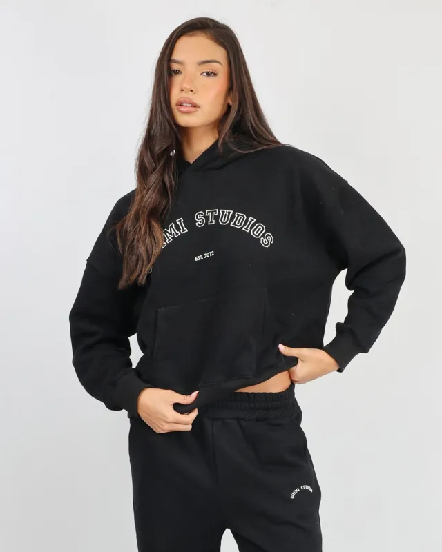 Maeve Simmi Studios Varsity Slogan Hoodie in Black sold by Simmi London