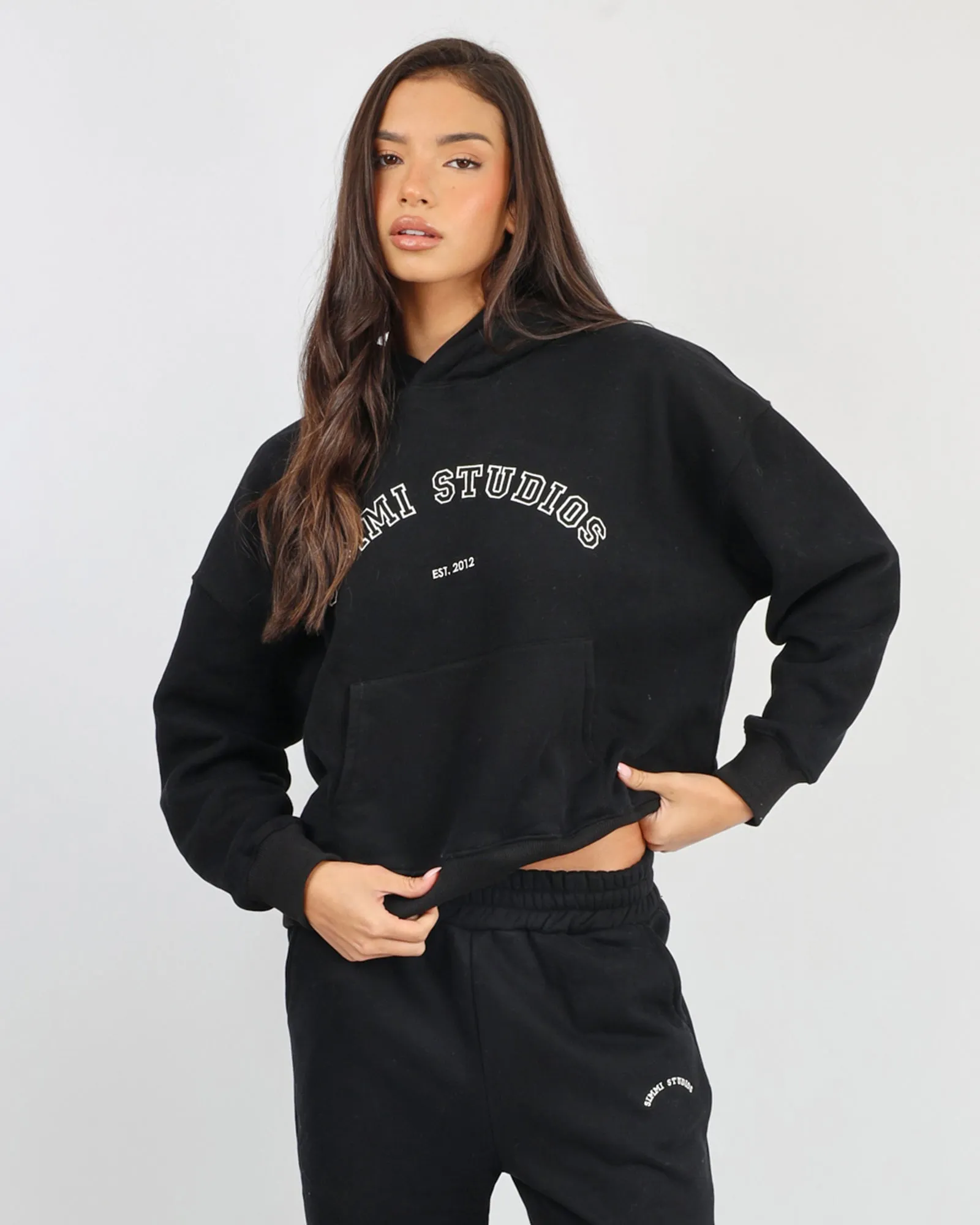 Maeve Simmi Studios Varsity Slogan Hoodie in Black sold by Simmi London