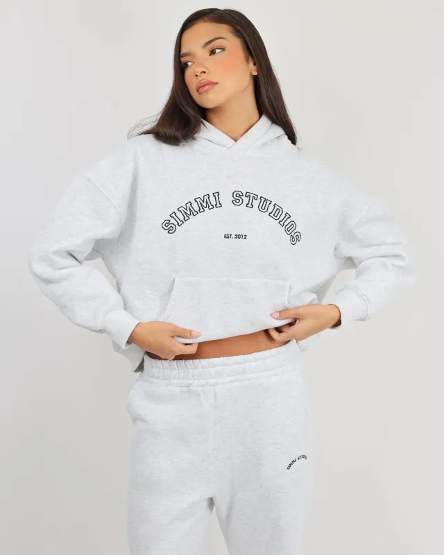 Maeve Simmi Studios Varsity Slogan Hoodie in Pebble Grey sold by Simmi London