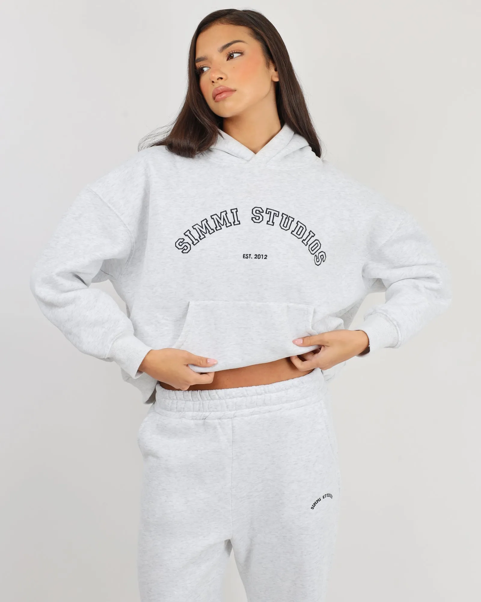 Maeve Simmi Studios Varsity Slogan Hoodie in Pebble Grey sold by Simmi London