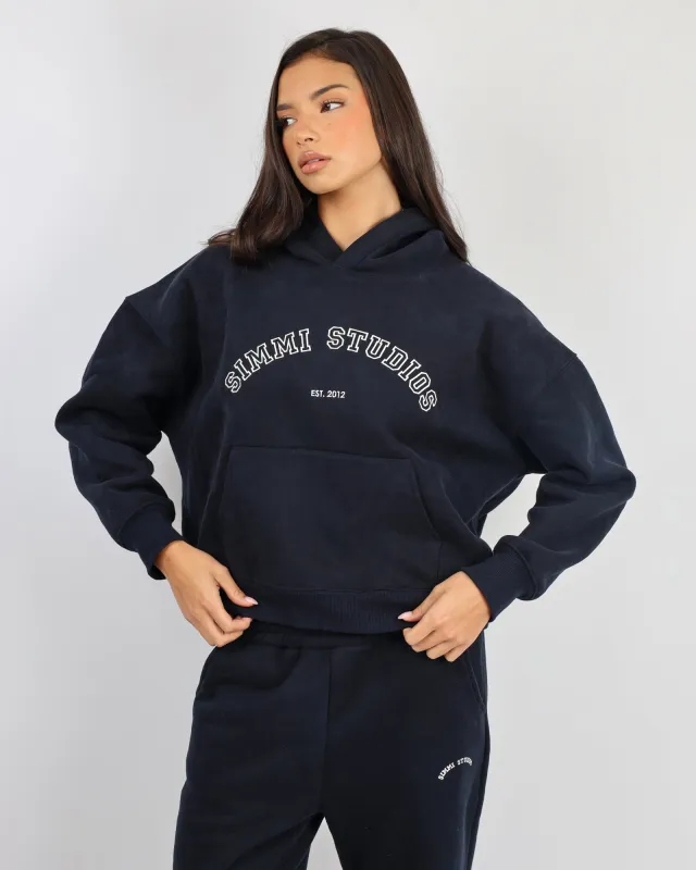 Maeve Simmi Studios Varsity Slogan Hoodie in Oxford Blue sold by Simmi London