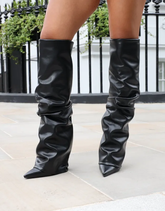 Lukas Black Ruched Fold Over Knee High Boots sold by Simmi London