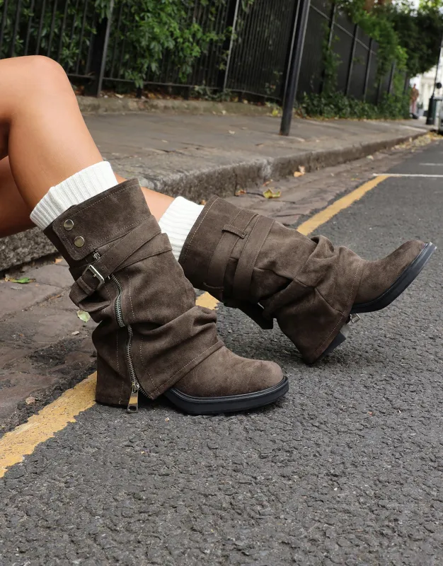 Lowry Khaki Suede Foldover Chunky Boots sold by Simmi London