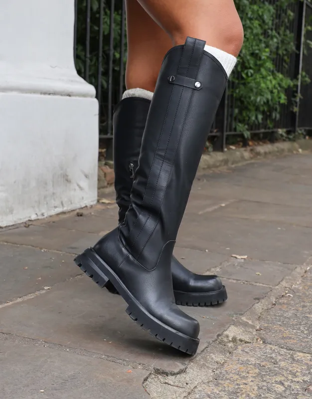 Miles Black Knee High Tab Detail Boots made by Simmi London