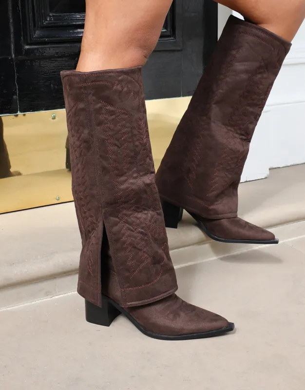 Liston Brown Suede Western Stitch Detail Heeled Boots sold by Simmi London