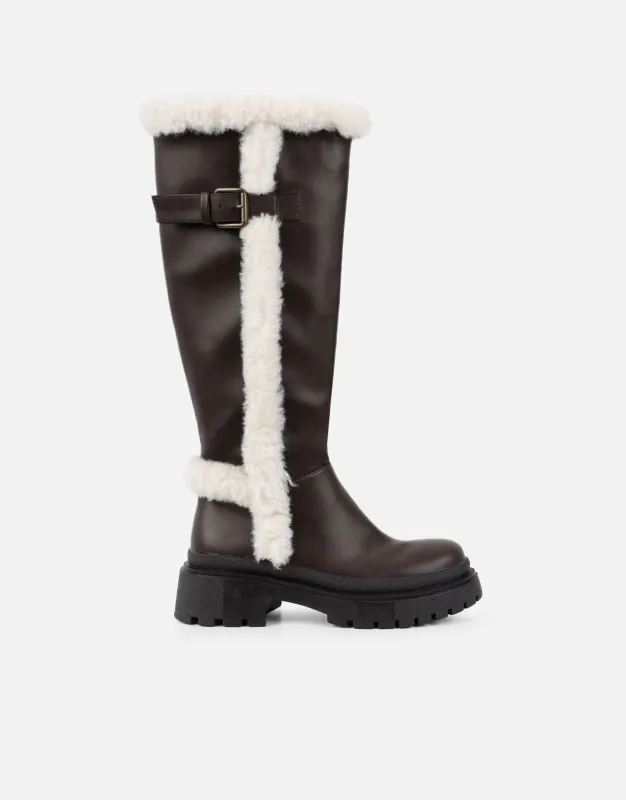 Earhart Brown Faux Fur Detail Chunky Boots sold by Simmi London