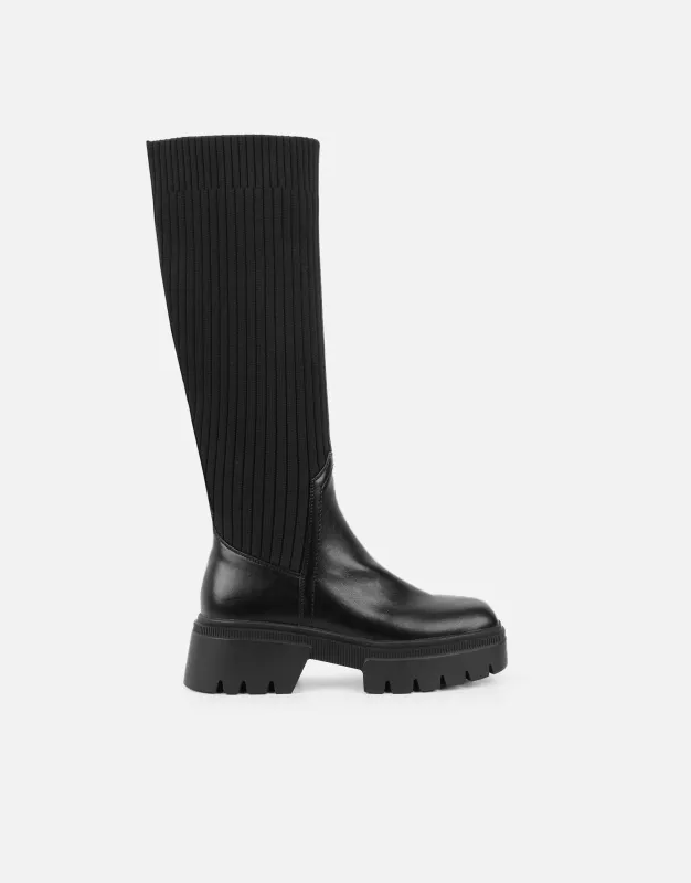 Kenneth Black Knit Knee High Chunky Boots sold by Simmi London