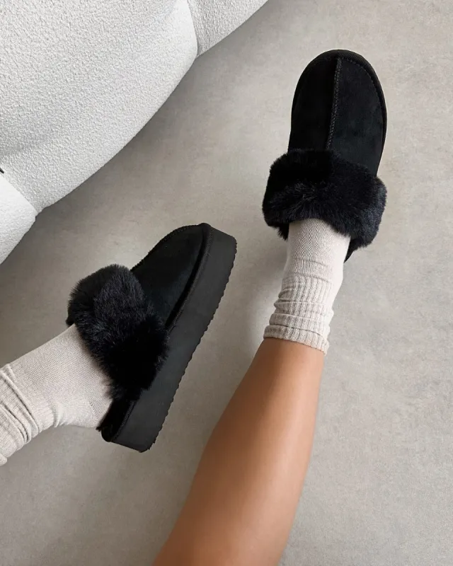 Navy Black Faux Suede Flatform Mules sold by Simmi London
