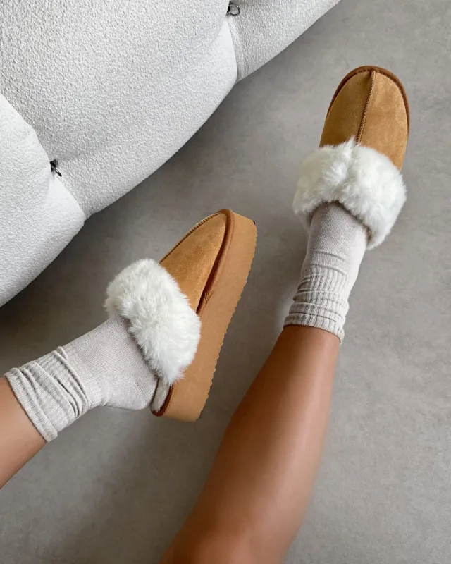 Navy Chestnut Flatform Mules sold by Simmi London