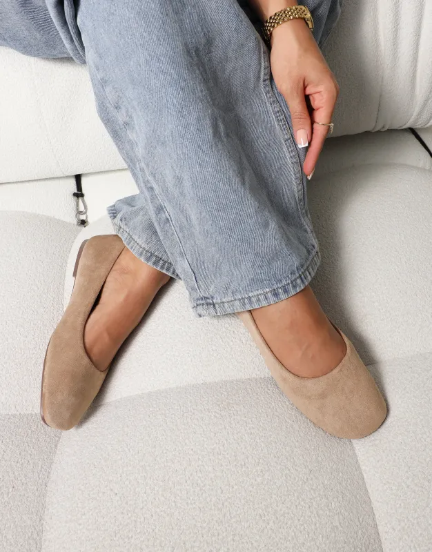 Viktoria Taupe Suede Ballerina Flats sold by Simmi London