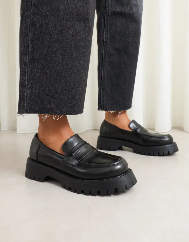 Bran Black Chunky Penny Loafers sold by Simmi London