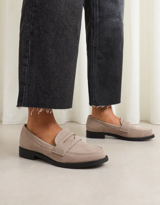Dime Taupe Suede Penny Loafers sold by Simmi London