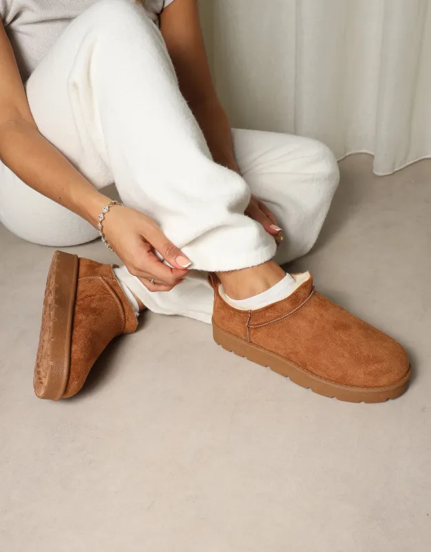 Emmy Chestnut Faux Suede Micro Flatform Boots sold by Simmi London